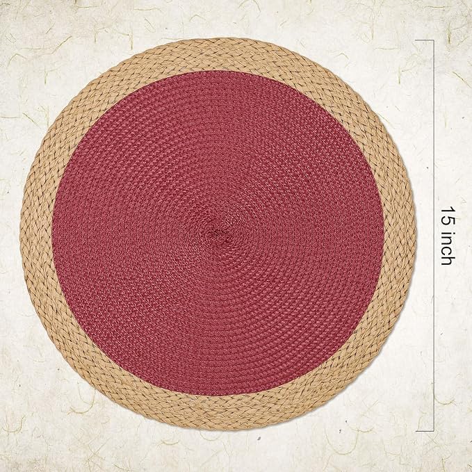 Round Placemats Set of 4, Woven Table Mats, Wide Edge, Berry Red | Braided - Image 2