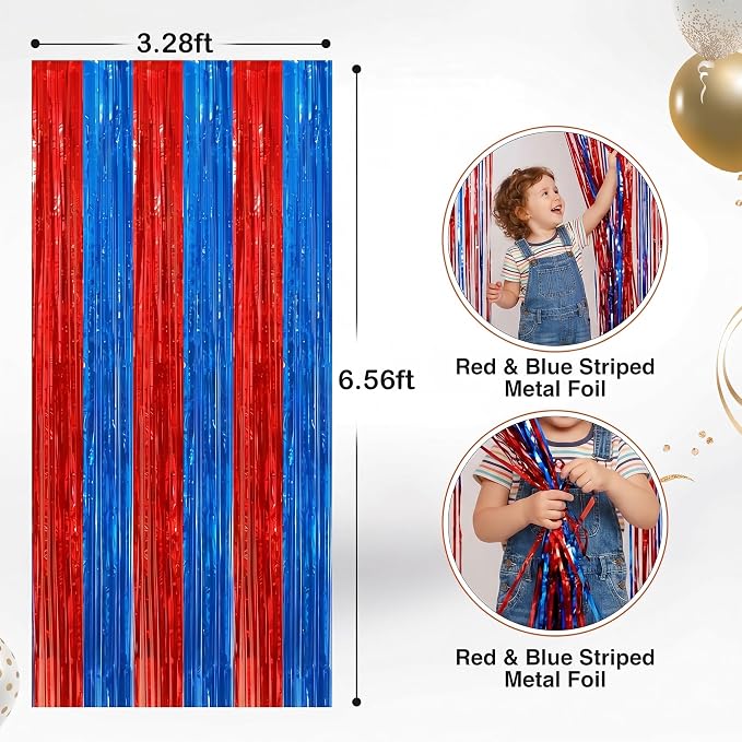 2Pack Red Blue Metallic Tinsel Foil Fringe Curtains, Tinsel Curtain Backdrop - Image 3