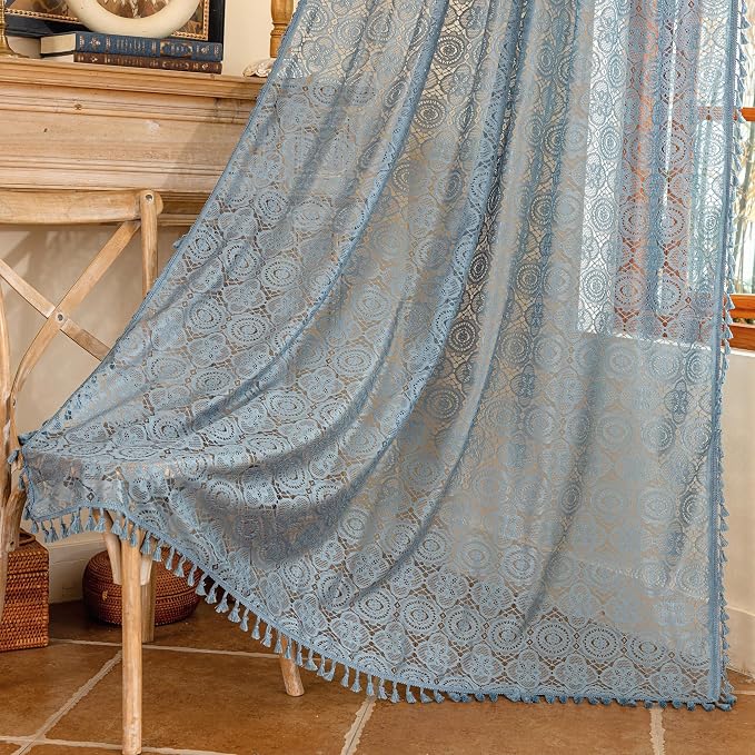 YJ YANJUN Boho Lace Curtains, Dusty Blue Sheer Window Panels | Crochet Texture - Image 5