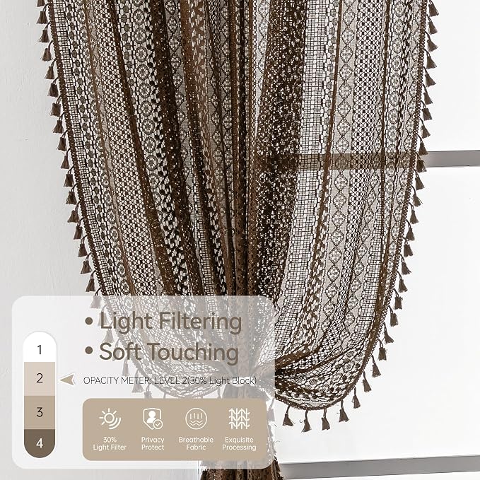 WAZZIO Boho Lace Curtains 63 Inches 2 Panel, Light Filtering Privacy Tassel & - Image 6