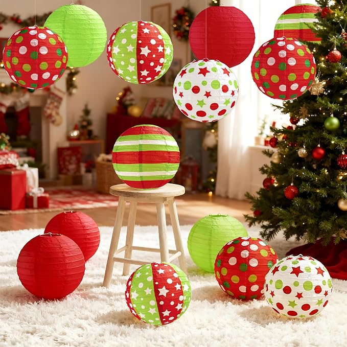 12 Pcs Red Green Christmas Hanging Paper Lanterns 8 Inch Christmas Party - Image 5