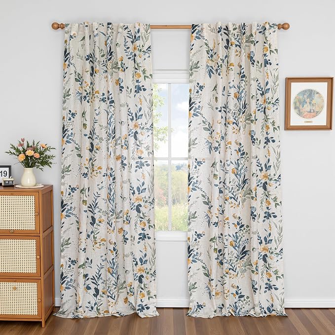 MYSKY HOME Floral Linen Floor to Ceiling Curtains 108 inch Long 2 Panels - Image 2