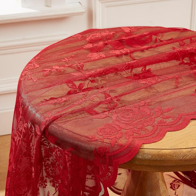 Red Lace Curtains 45 Inch Length 2 Panels Set Romantic Country Flower Curtains - Image 7