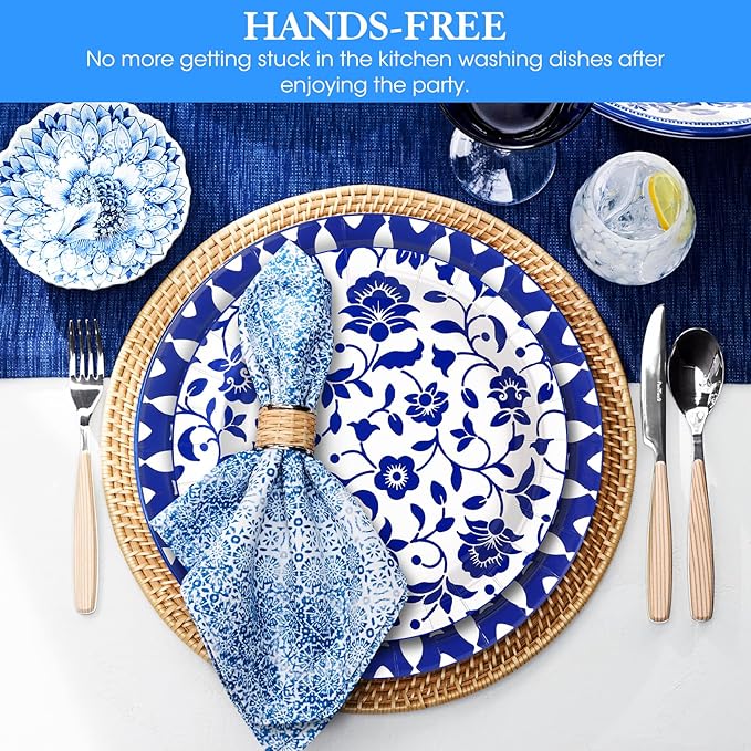 90 Pcs Paper Plates 10 Inch Bulk Thick Heavy Duty Disposable Plates Printed Blue and White Plate for Party, Wedding, Birthday, Tea, Picnic Barbecue, Everyday Use, Soak Proof, Cut Proof