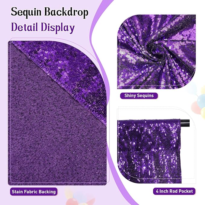 SquarePie 10x10ft Purple Sequin Backdrop, High Density Non-Transparent Glitter - Image 3