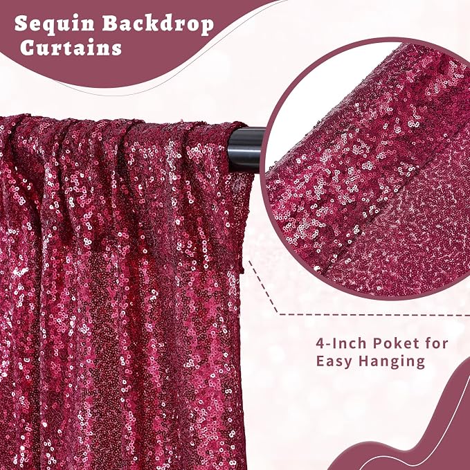 Burgundy Sequin Backdrop Curtains 4 Pcs 2ftx8ft Glitter Shimmer Fabric | - Image 3