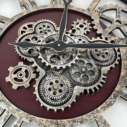 The B-Style Large Real Moving Gears Wall Clock 30 inch Rustic Retro Industrial Farmhouse Wood Clock Oversized Decorative Vintage Wall Clocks for Living Room (Cherry red and Bronze