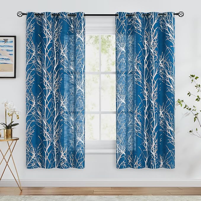 FMFUNCTEX Linen Silver Navy Blue Semi Sheer Print Curtains 63 Inch 2 Panels | - Image 2