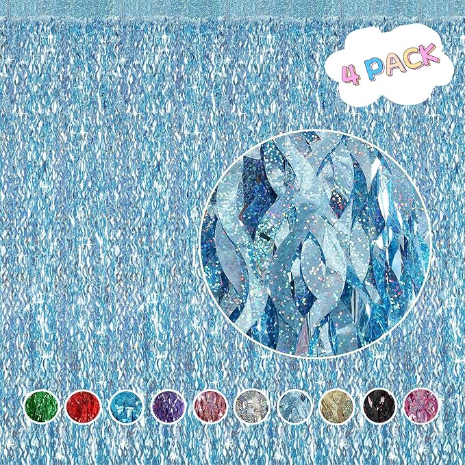 4 Pack Light Blue Party Foil Curtain - CYLMFC 3.3 ft x 6.6 ft Wavy Photo Booth Backdrop Metallic Tinsel Foil Fringe Curtains Environmental Background for Birthday Wedding Party Christmas Decorations