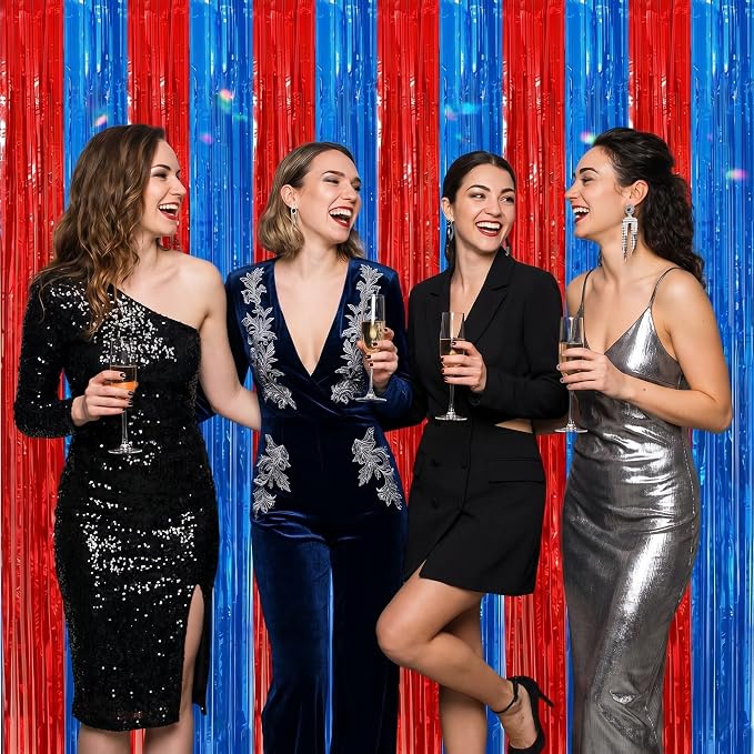 2Pack Red Blue Metallic Tinsel Foil Fringe Curtains, Tinsel Curtain Backdrop - Image 5