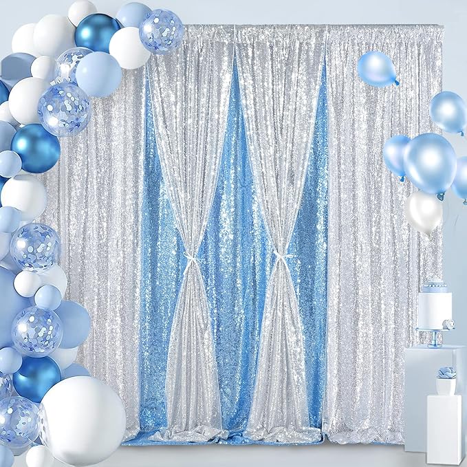 Silver Sequin Backdrop 7ft x 7ft Glitter Photo Booth Backdrop Curtains | - Image 4