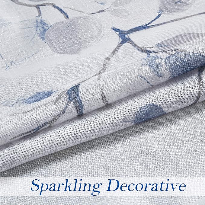 Navy Blue Leaf Floral Print Metallic Sheer Curtain - Image 3