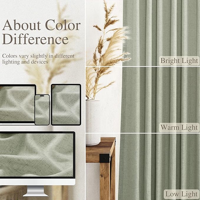 Sage Green Linen Curtains 63 Inches Length 2 Panels Set - Image 4
