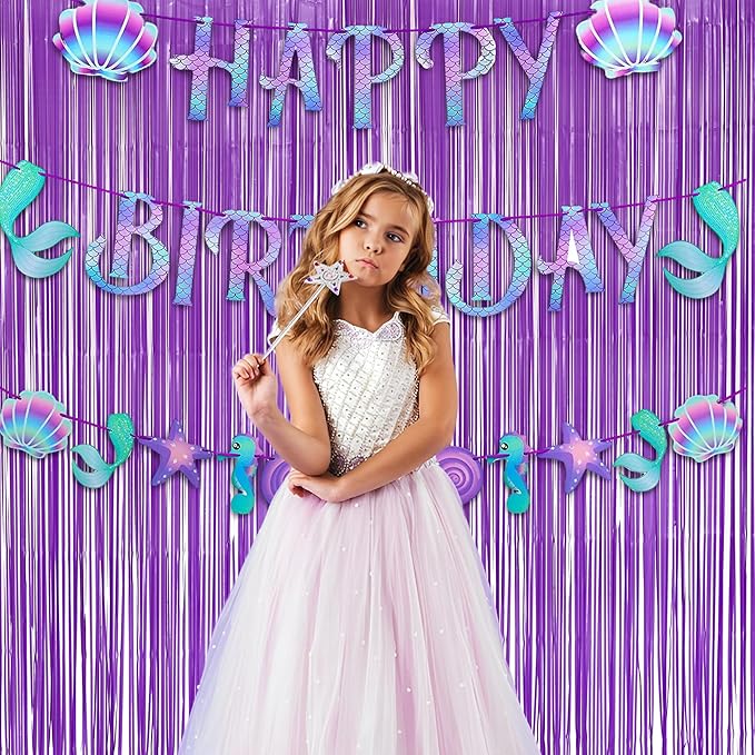 Purple Foil Fringe Party Backdrop - GREATRIL Party Streamers for Mermaid/Butterfly/Wednesdays/Star Birthdays Party Decoration - 3.2ft X 8.2ft - 2 Packs