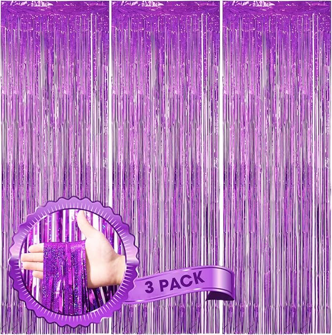 Voircoloria 3 Pack 3.3 x 8.2 ft Laser Purple Foil Fringe Backdrop Curtains by Voircoloria