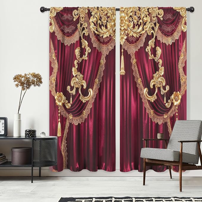 Red Gold Vintage European Elegant No Living Room Bedroom Window Curtains | 52"W - Image 6
