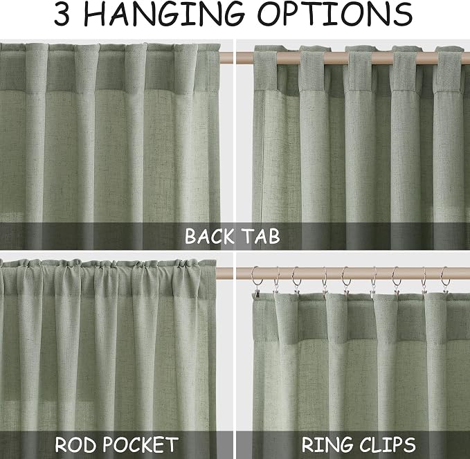Desert Sage Linen Curtains Semi Sheer 96 Inches Long 2 Panels Set - Image 2