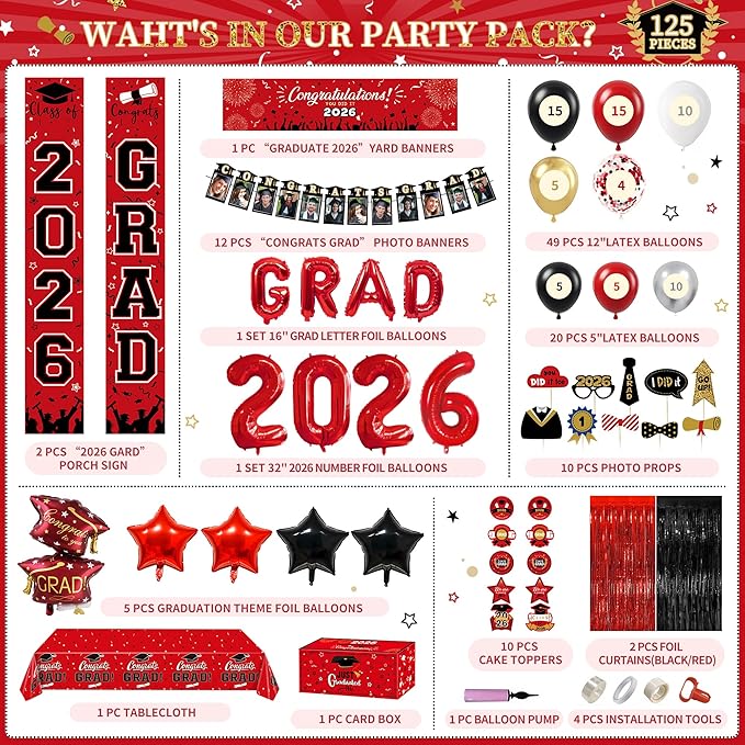 Party Spot！125 PCS Red and Black Graduation Party Decorations, 2026 Graduation - Image 2