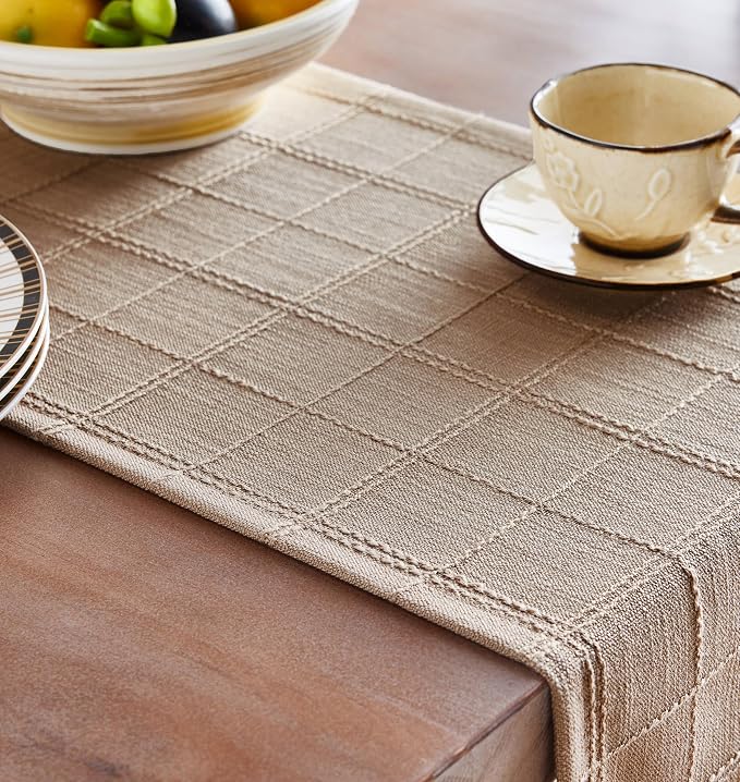 Linen Checked Farmhouse Table Runner, 13x90 Inches Taupe | Raised Grid Design - Image 5