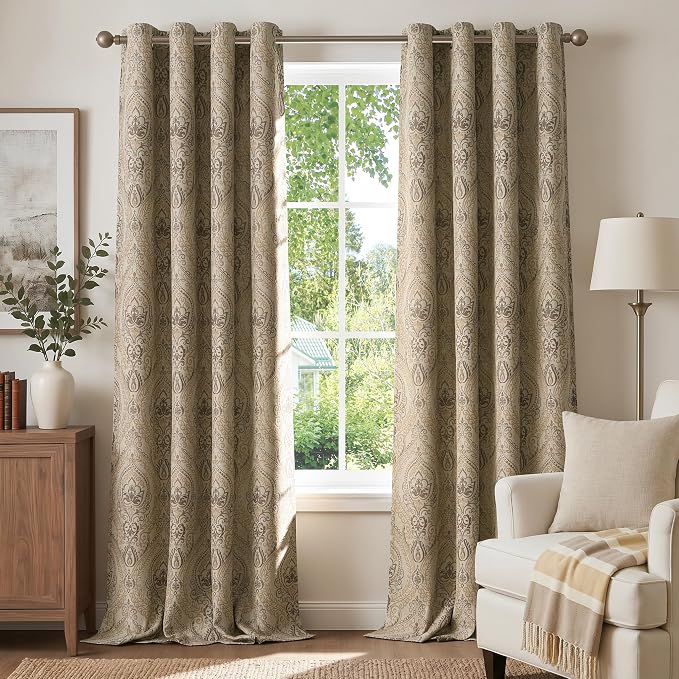 jinchan Taupe Damask Curtains 96 Inch Room Darkening Grommet 2 Panels | by JINCHAN