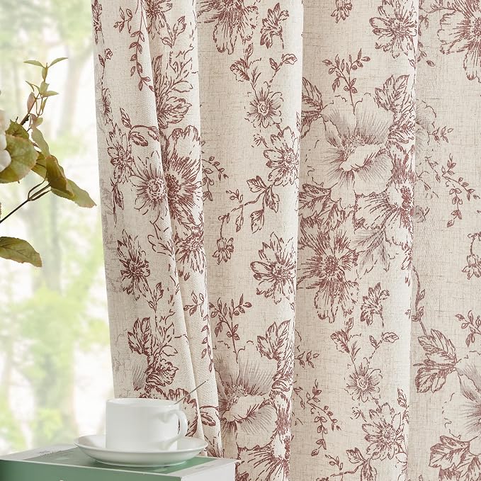 jinchan Red Floral Linen Curtains 84 Inch Vintage Back Tab 2 Panels | Light - Image 2