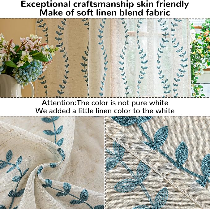 2 Panels Linen Leaf String Floral Embroidered Semi Sheer Curtain Farmhouse - Image 4