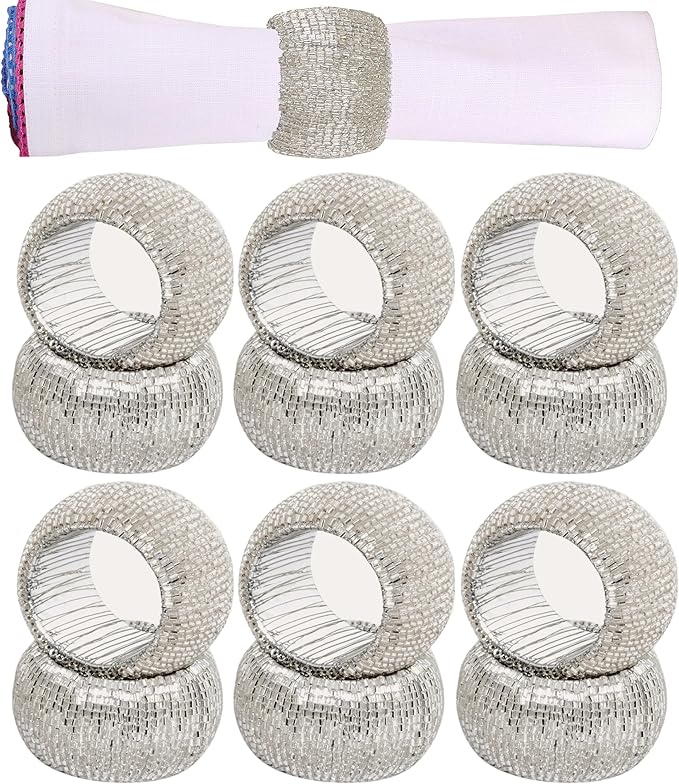 12 Pcs Beaded Napkin Rings - Rhinestone Napkin Buckles Glossy Napkin Bling Round Holders for Easter Holiday Wedding Banquet Home Party Dining Table Decoration (Silver) - CLEENTABLE