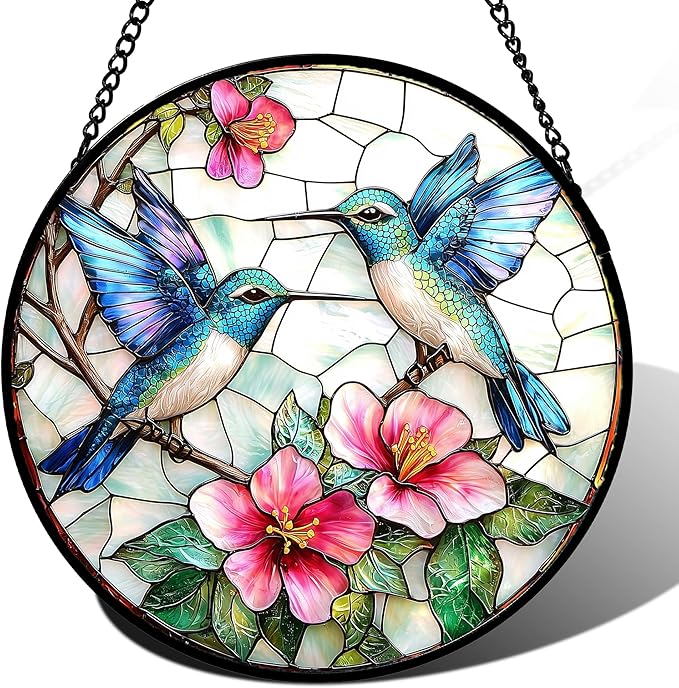 Stained Glass Window Hanging - Blue White Hummingbirds Pink Flowers Suncatcher for Door Terrace Garden Home Decor Bird Sun Catcher Birthday Gifts for Lovers Women Men Dad Mom Nana 7.8 in
