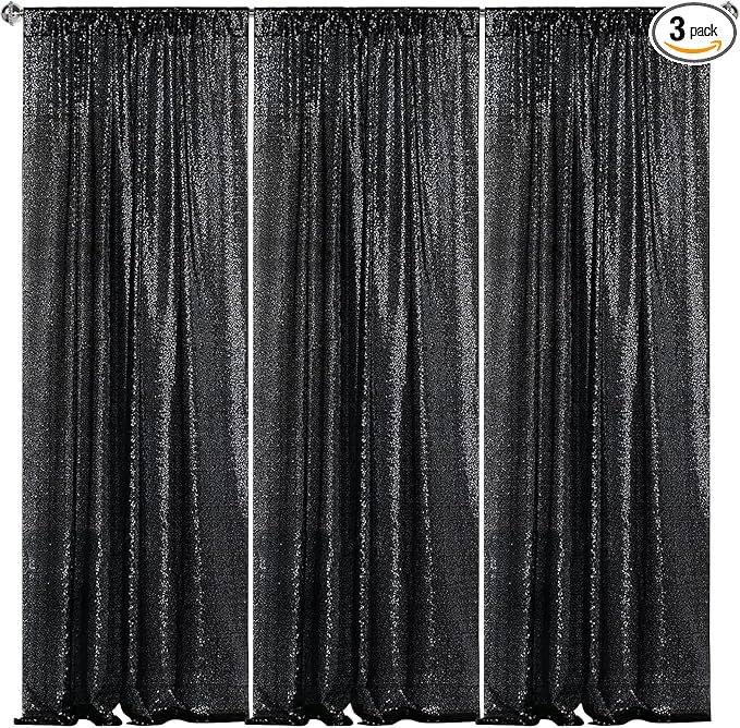 Sugargirl Black Sequin Backdrop Curtain 3 Panels 2FTx8FT Glitter Black by Sugargirl