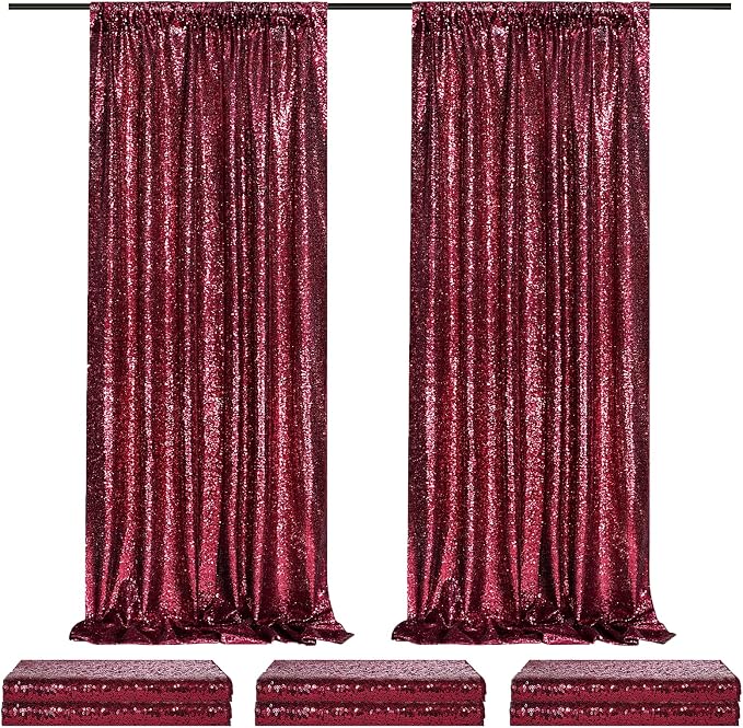 6 Packs 2x8FT Sequin Curtain Backdrop Burgundy Red Party Photo Backdrop | by QueenDream