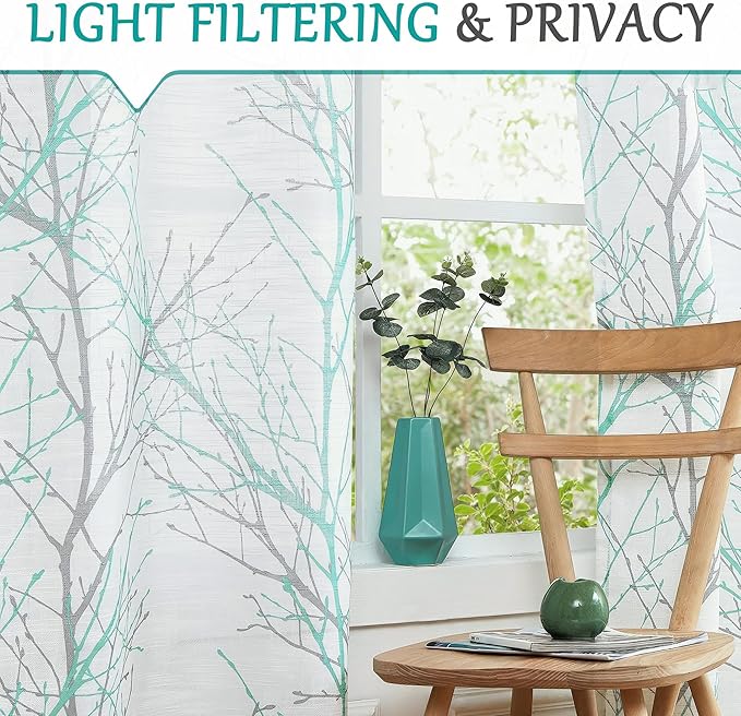 FMFUNCTEX Linen Aqua Blue White Semi Sheer Print Curtains 96 Inch 2 Panels | - Image 3