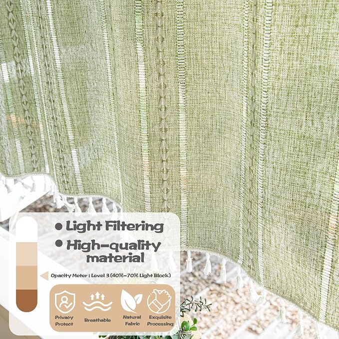 Sutuo Home Green Boho Curtain 52W x 36L inch White Striped Light Filtering - Image 3