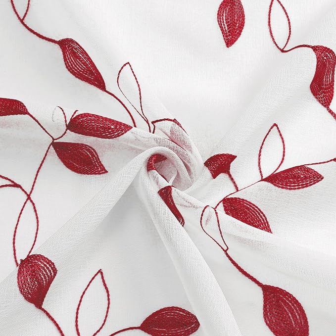 Tollpiz Burgundy Red Leaf Sheer Tier Curtains Kitchen 30 x 24 Inches | Short - Image 9