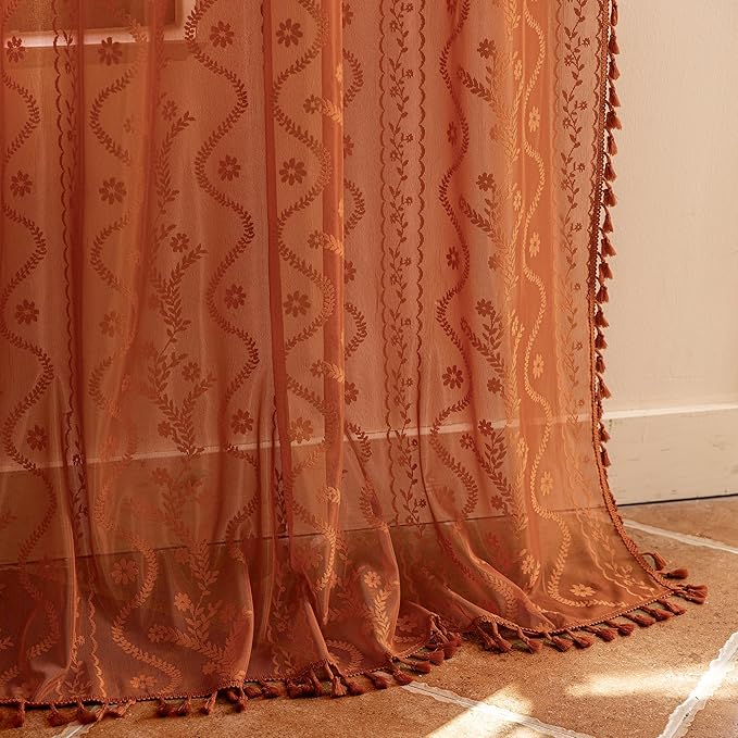 WAZZIO Boho Lace Curtains 54 Inch 2 Panels-Vintage Sheer Panel Drape Floral - Image 6