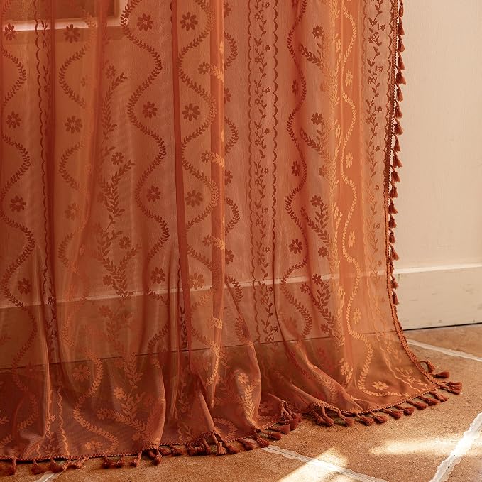WAZZIO Boho Lace Curtains 72 Inch 2 Panels-Vintage Sheer Panel Drape Floral - Image 6