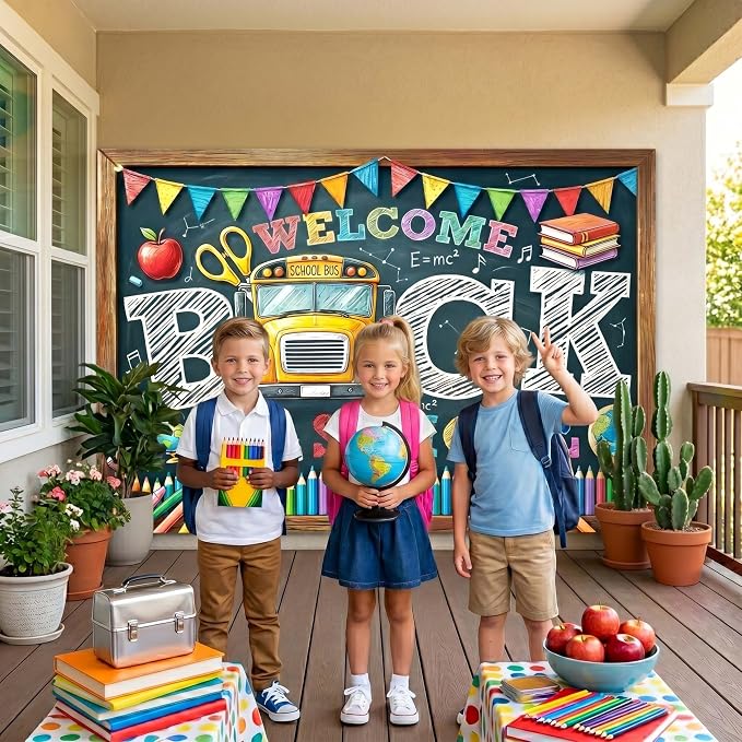 Welcome Back to School Backdrop 59x39in Chalkboard Party Background | Washable - Image 5