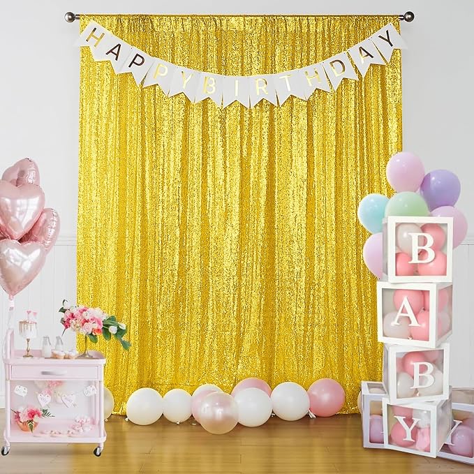 Sugargirl Golden Yellow Sequin Backdrop Curtain 4 Panels 2FTx8FT Glitter Golden - Image 9