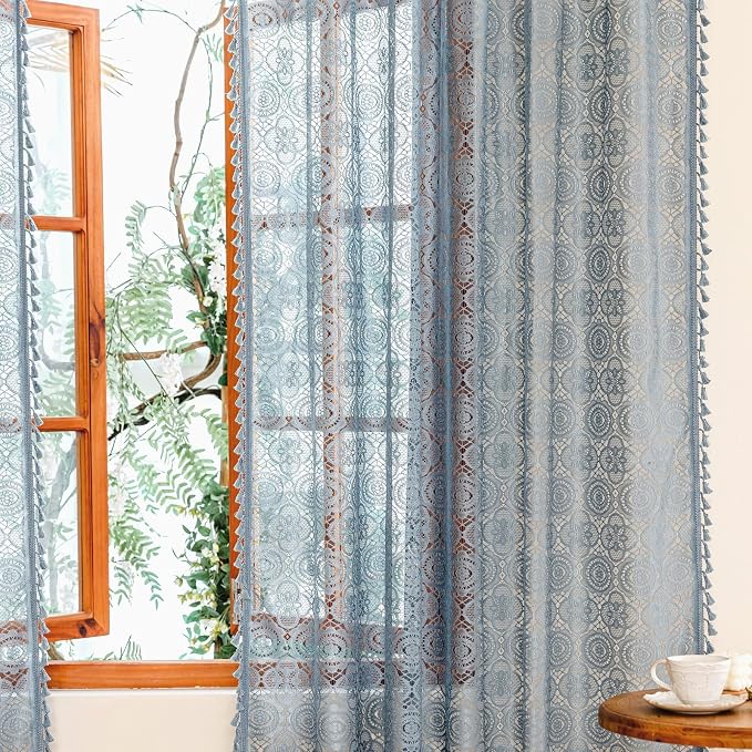 YJ YANJUN Boho Lace Curtains, Dusty Blue Sheer Window Panels | Light Blue - Image 4