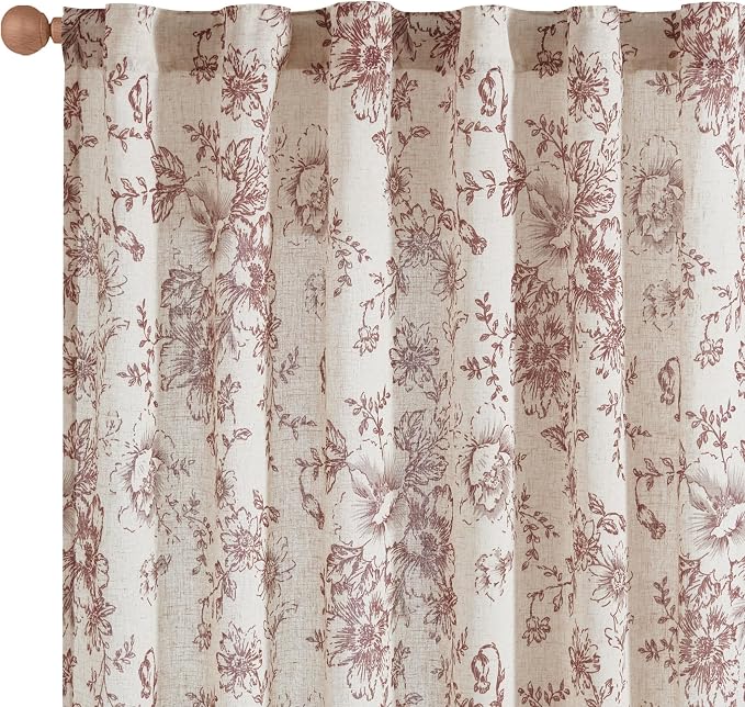 jinchan Red Floral Linen Curtains 84 Inch Vintage Back Tab 2 Panels | Light - Image 8