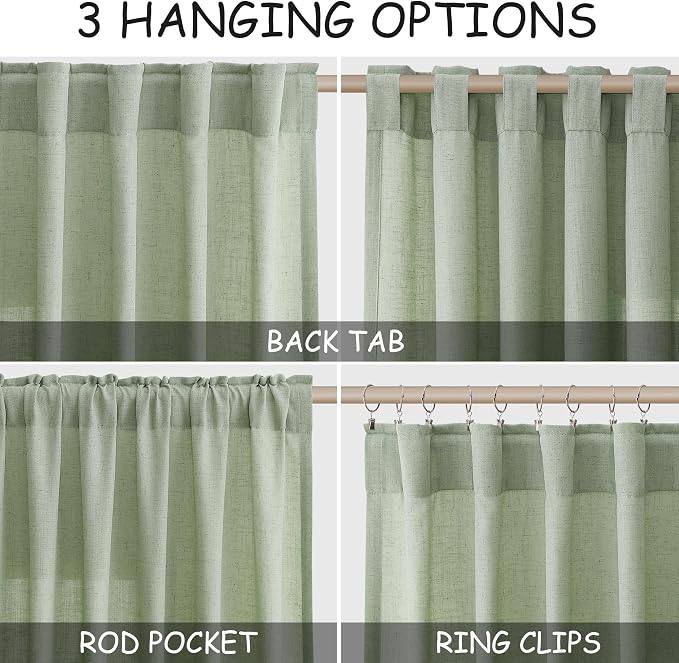 Mist Sage Linen Curtains Semi Sheer 96 Inches Long 2 Panels Set - Image 2