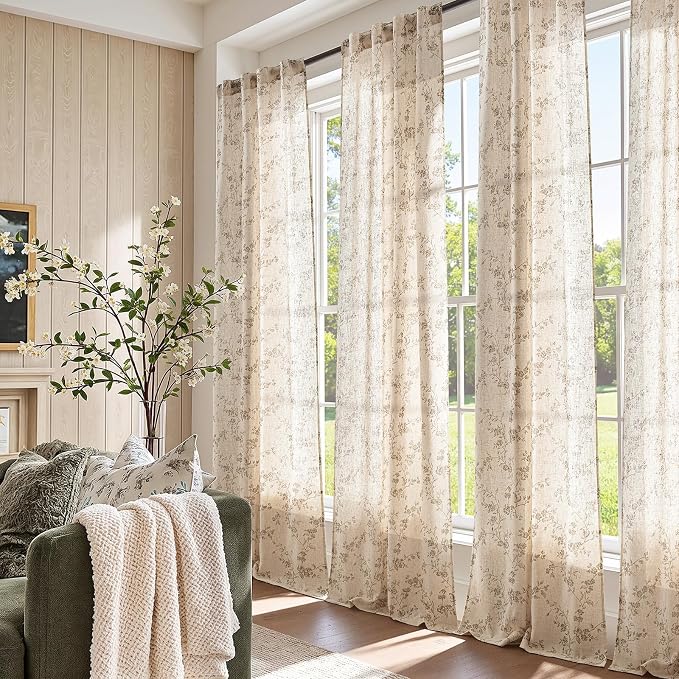 jinchan Taupe Floral Linen Curtains 108 Inch Farmhouse Back Tab 2 Panels | - Image 5