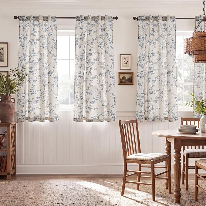 jinchan Blue Floral Linen Curtains 63 Inch Country Drapes Back Tab 2 Panels | - Image 3