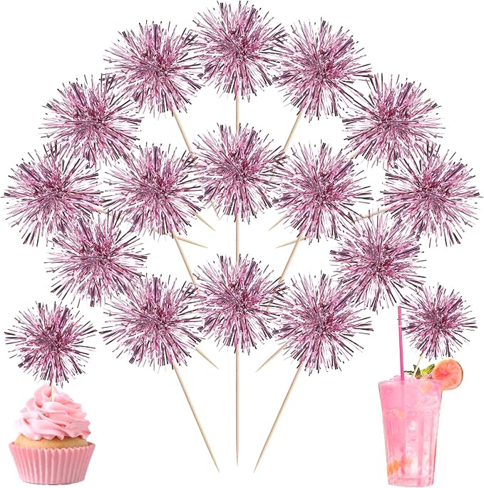 40 PCS Foil Firework Cupcake Toppers Sparkle Tinsel Cupcakae Picks Sparkler by ZHUOWEISM