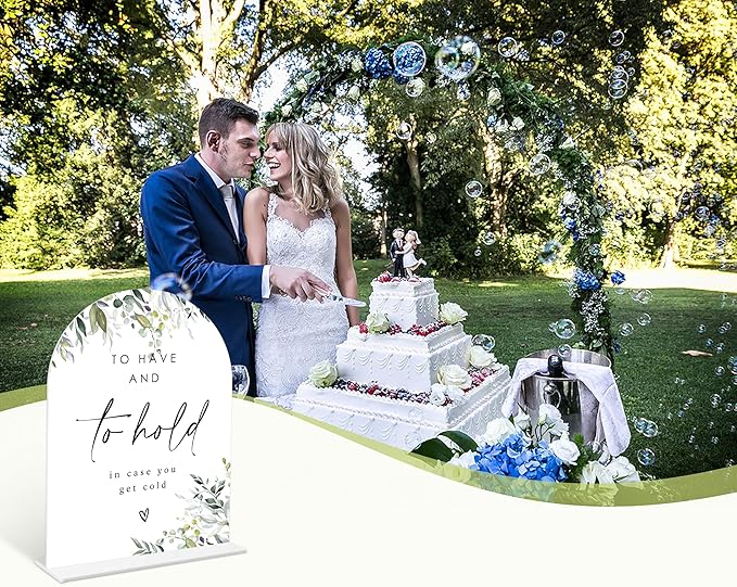 Greenery Wedding Blanket Sign, 6 x 8 Inch White Arch Acrylic Wedding Sign with Holder, Wedding Sign for Ceremony and Reception, Wedding Decoration, Wedding Supplies - LY30