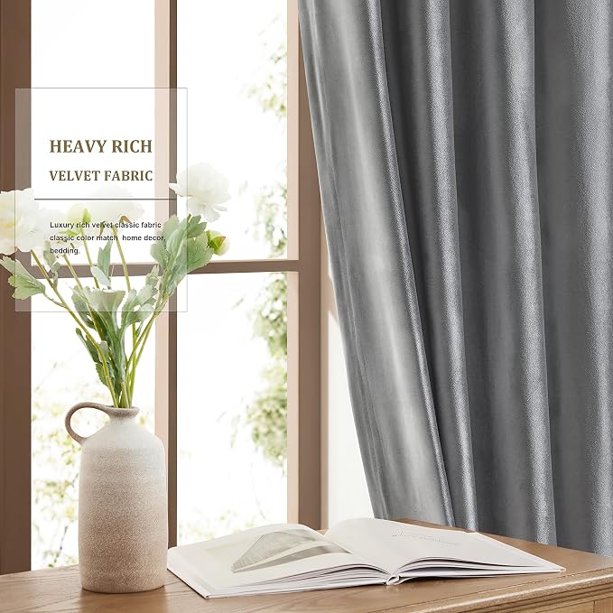 BULBUL Velvet Grey Grommet Blackout Curtains 84 inch Length - Image 4
