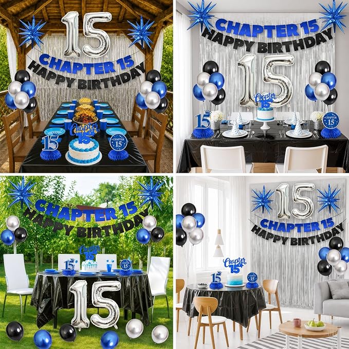 15th Birthday Decorations for Boys and Girls, Fringe Curtains, Tablecloth and - Image 5