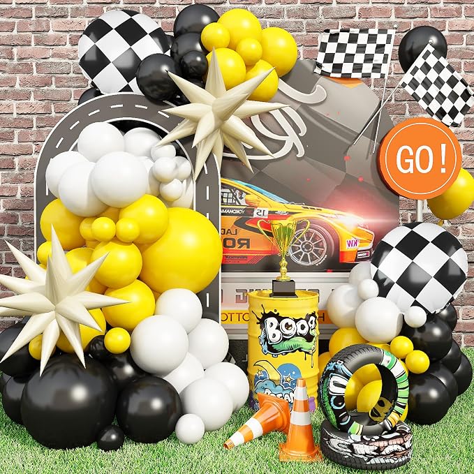Black and Yellow White Balloon Arch Kit, 18 Inch Checkered Mylar Explosion Star by Jobkoo