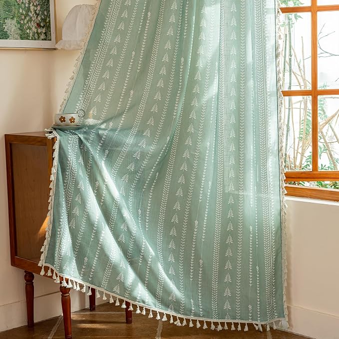 Sage Green Curtains for Living Room, Linen Blended Boho Semi Sheer Patterned - Image 7