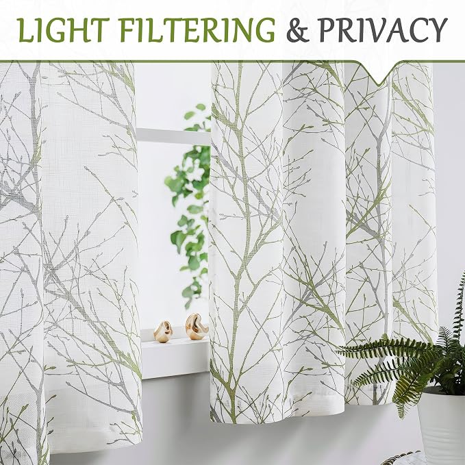 FMFUNCTEX Linen Green White Semi Sheer Patio Curtains 84 Inch Long 1 Panel | - Image 3