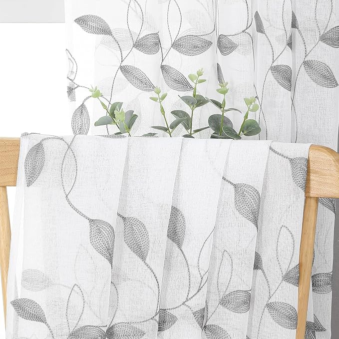 Tollpiz Grey Leaf Sheer Tier Curtain Kitchen 30 x 36 Inches | Leaves - Image 6